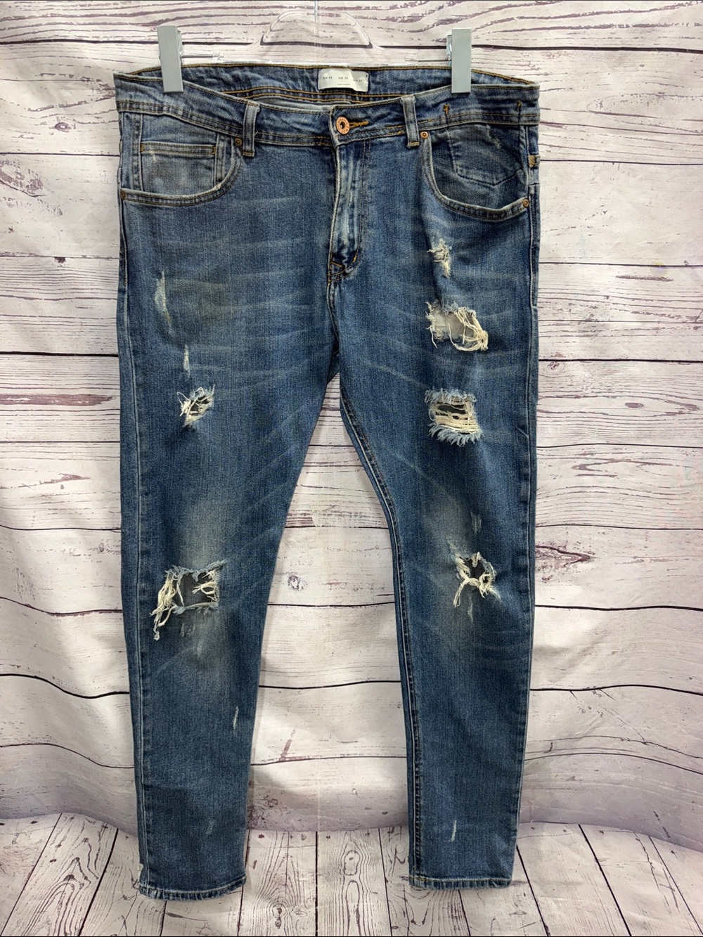 Zara Men's Distressed Blue Slim Fit Jeans Size 34